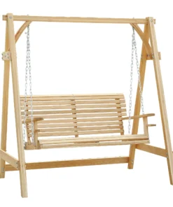 2 Seater Garden Swing Seat, Wooden Swing Chair Bench with Cup Holders for Outdoor Porch Patio, Natural
