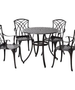 5 Pieces Garden Dining Set for 4, Cast Aluminium Outdoor Dining Set with 4 Armchairs and Round Dining Table with Parasol Hole, Garden Furniture Set, Brown