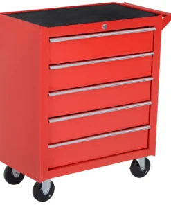 DURHAND 5-Drawer Lockable Tool Storage Cabinet with Wheels, Handle, 2 Keys, Steel Home Work DIY Workshop Chest, Garage Equipment Trolley, Red