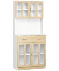 Modern Kitchen Cupboard, Freestanding Storage Cabinet Hutch with Central Drawer, 2 Glass Door Cabinets and Countertop, 180cm