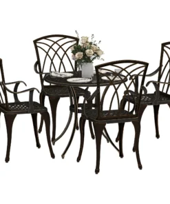 5 Pieces Garden Dining Set for 4, Cast Aluminium Outdoor Dining Set with 4 Armchairs and Round Dining Table with Parasol Hole, Garden Furniture Set, Bronze Tone