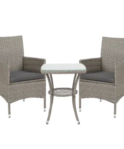 Outsunny 3 Pieces Rattan Bistro Set, Wicker Garden Furniture Set with 2-Tier Coffee Table and Chairs, Washable Cushions, for Outdoor Patio Balcony, Grey