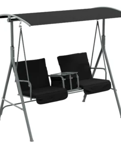 2 Seater Garden Swing Chair Patio Rocking Bench w/ Tilting Canopy, Double Padded Seats, Storage Bag and Tray, Black