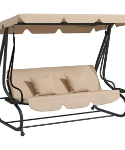 Three-Person garden Swing Chair, with Adjustable Canopy - Light Brown