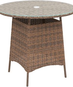 Outsunny Wicker Garden Rattan Table, Patio Furniture Outdoor Coffee Table with Umbrella Hole and Tempered Glass Top, Brown