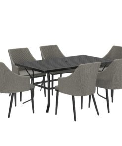 Outsunny 6 Seater Rattan Dining Set with Cushions, Garden Furniture Set with Armchairs, Rectangle Slatted Table Top, Steel Frame, Parasol Hole, Wicker Outdoor Furniture for Patio, Balcony, Grey