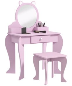 ZONEKIZ Kids Vanity Table with Mirror, Stool, Drawer, Storage Boxes, Cat Design, for Ages 3-6 Years - Pink