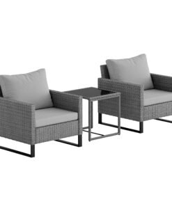 Outsunny 3 Pieces Rattan Bistro Set with 4 Cushions, Wicker Garden Furniture Set, Glass Top Coffee Table and Chairs for Outdoor Patio, Balcony, Terrace and Conservatory, Grey