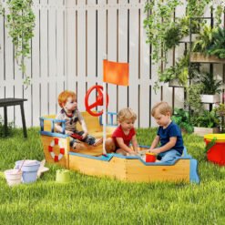 Outsunny Kids Sand Pit, Children Pirate Ship Sandbox with Bench, Bottom Liner, Seat, Natural Wood Tone