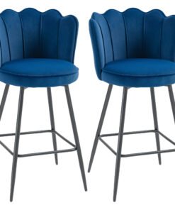 HOMCOM Set of Two Velvet-Feel Lotus Bar Stools - Dark Blue