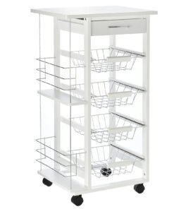 HOMCOM Rolling Kitchen Cart, Utility Storage Cart with 4 Basket Drawers & Side Racks, Wheels for Dining Room, White