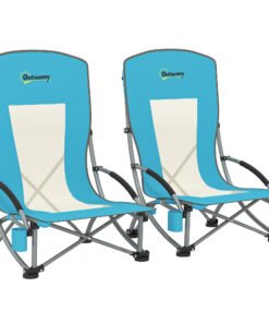 Outsunny Set of 2 Folding Beach Chair, Low Camping Chair with Mesh Back, Carry Bag and Cup Holder for Garden Outdoor Picnic Festival Travel, Blue