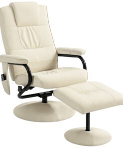 HOMCOM Swivel Recliner Chair and Footstool, Faux Leather Massage Recliner Armchair with Remote Control and Round Wrapped Base, Cream White