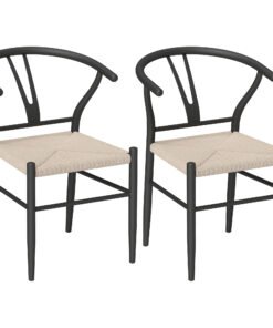 HOMCOM Set of Two Weave Dining Chairs with Y-Shaped Backrest Hemp Seat - Black/Beige