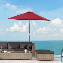 Outsunny 2m x 1.5m Garden Parasol Umbrella with Tilting Sunshade Canopy, Outdoor Market Table Umbrella with Wood and Bamboo Frame, Wine Red