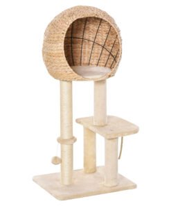 PawHut Cat Tree for Indoor Cats 100cm Kitten Climbing Tower Activity Center with Sisal Scratching Post Condo Perch Hanging Balls Teasing Rope Toy Cushion
