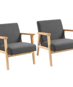 HOMCOM Set of 2 Accent Armchair, Living Room Chair, Wooden Upholstered Single Lounge Chair with Rubber Wood Legs and Padded Seat, Leisure Sofa Chair for Bedroom Office, Dark Grey