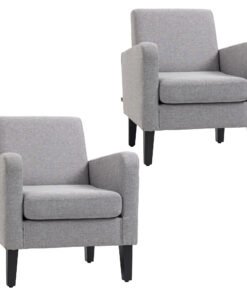 HOMCOM 2 Pieces Modern Armchairs with Rubber Wood Legs, Upholstered Accent Chairs, Single Sofa for Living Room, Bedroom, Light Grey