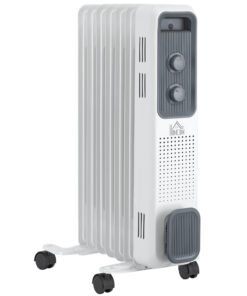 HOMCOM 1500W Oil Filled Radiator, 7 Fin, Portable Electric Heater with 3 Heat Settings, Safety Cut-Off and Wheels, White