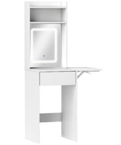 HOMCOM Small Vanity Desk with Mirror and LED Lights, Compact Dressing Table with Drop Leaf, Open Shelves and Drawer, White