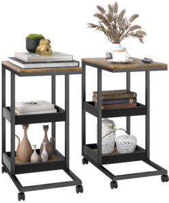 HOMCOM Mobile Sofa Side Table Set of 2, Industrial C-Shaped Rolling Couch Table with 3-Tier Storage Shelving Four Lockable Wheels Steel Frame, Dark Brown