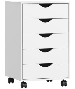 HOMCOM 5 Drawer Mobile Filing Cabinet, Vertical File Cabinet, Modern Rolling Office Storage Organizer Cupboard, White