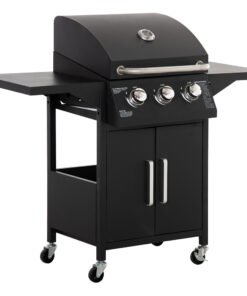Outsunny 3 Burner Gas BBQ Grill Outdoor Portable Barbecue Trolley w/ Warming Rack, Side Shelves, Storage Cabinet, Thermometer, Carbon Steel, Black