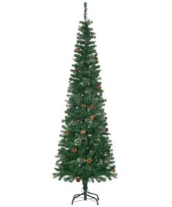 HOMCOM 6.5FT Tall Pencil Slim Artificial Christmas Tree with Realistic Branches, Tip Count and Pine Cones, Pine Needles Tree, Xmas Decoration, Green