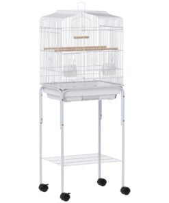 PawHut Bird Cage Budgie Cages for Finch Canary Parakeet with Stand Wheels Slide-out Tray Accessories Storage Shelf, White