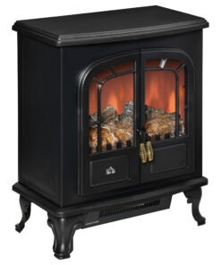 HOMCOM Electric Fireplace Stove Heater with LED Fire Flame Effect, Double Door, Freestanding & Portable with Overheat Protection, 1000W/2000W, Black