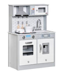 HOMCOM Kids Wooden Toy Kitchen Pretend Play Cooking Playset w/ Sound & Light Effect, Battery Operated Cooktop, Ice Machine, Marble Pattern Countertop, for 3-6 Years Old