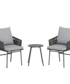 Outsunny 3-Piece Rattan Bistro Set, Garden Table and Chairs with 4 Cushions, Patio Rattan Conversation Furniture Set for Balcony, Porch, Terrace, Grey