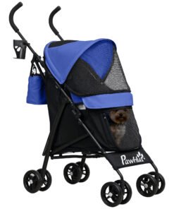 PawHut Foldable Dog Stroller, Lightweight Dog Pram w/ Shoulder Strap, Storage Bag, Cup Holder, Dark Blue