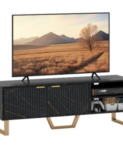 HOMCOM Marble Effect TV Unit, TV Stand Cabinet for up to 70" TVs, Modern TV Cabinet with Shelves and Storage Cupboard, Fluted Door, Extra Centre Leg, Cable Management for Living Room, Black