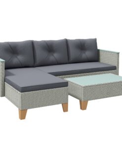 Outsunny 3 Pieces Rattan Garden Furniture Set, L Shaped Garden Conversation Chaise Lounge Furniture with Wood Top Coffee Table and Thick Cushions, Charcoal Grey