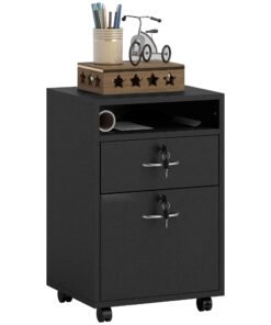 HOMCOM 60cm Filing Cabinet with Drawer, Open Shelf, Metal Handles and 4 Wheels, Office Home Organiser Mobile Printer with Two Locks, Black