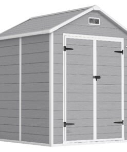 Outsunny 6 x 5ft Garden Shed, Plastic Shed with Floor, Window, Lockable Doors and Vents, Wood Effect Resin Tool Shed for Outdoor Patio, Dark Grey