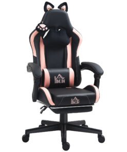 HOMCOM Cat Ear and Paw Reclining Office Chair, with Footrest - Black/Pink