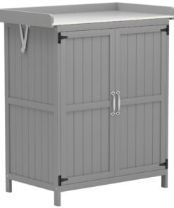 Outsunny Wooden Garden Shed, Garden Tool Storage Shed with Hinged Roof and Shelf, Outdoor Storage Cabinet with Double Doors, Grey