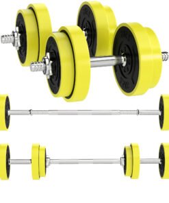 HOMCOM 20KGS 2-In-1 Dumbbell & Barbell Adjustable Set Strength Muscle Exercise Fitness Plate Bar Clamp Rod Home Gym Sports Area, Yellow