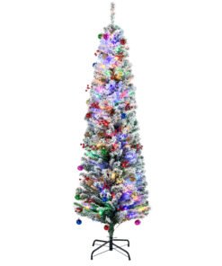 HOMCOM 6' Artificial Prelit Christmas Trees Holiday Décor with Colourful LED Lights, Flocked Tips, Berry, Pine Cone