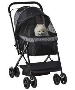PawHut Pet Stroller Pushchair Foldable Travel Dog Cat Carriage w/ Reversible Handle Brake Basket