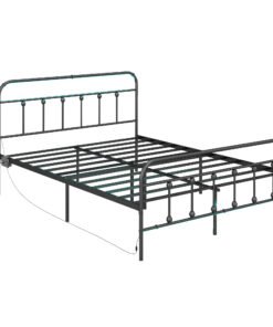 HOMCOM Double Bed Frame with LED Lights and Charging Station, Metal Platform Bed Frame with Under Bed Storage, Black