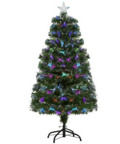 HOMCOM 4FT Multicoloured Artificial Christmas Tree w/ Fibre Optic Lights Pre-Lit Modes Metal Stand Star Holder Home Seasonal Decoration