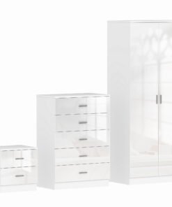 HOMCOM High Gloss 3 Piece Trio Bedroom Furniture Set Wardrobe + Chest Of Drawer + Bedside White