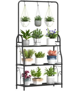 Outsunny 3 Tier Plant Stand with Hanging Rod and Hooks, Metal Plant Rack Shelf, Ladder Flower Pot for Indoor Outdoor Porch Balcony Living Room Bedroom, Black