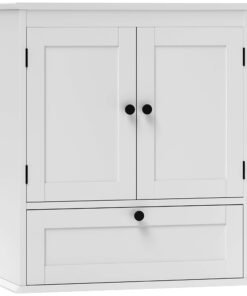 HOMCOM Bathroom Wall Cabinet with Adjustable Shelf and Recessed Doors, White