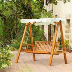 Outsunny 2 Seater Garden Swing Seat with Canopy, Wooden Swing Chair, Outdoor Hammock Bench for Balcony Patio Porch, Cream White