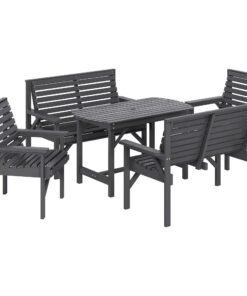 Outsunny 5 Piece Wooden Garden Dining Set for 6, Outdoor Conversation Set with 2 Armchairs, 2 Loveseats and Dining Table with Umbrella Hole for Patio, Balcony, Grey
