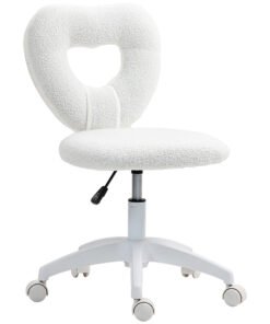 HOMCOM Armless Heart Computer Desk Chair, Teddy Fleece Swivel Office Chair, Makeup Vanity Chair with Height Adjustable, Wheels, for Home Study Bedroom, White